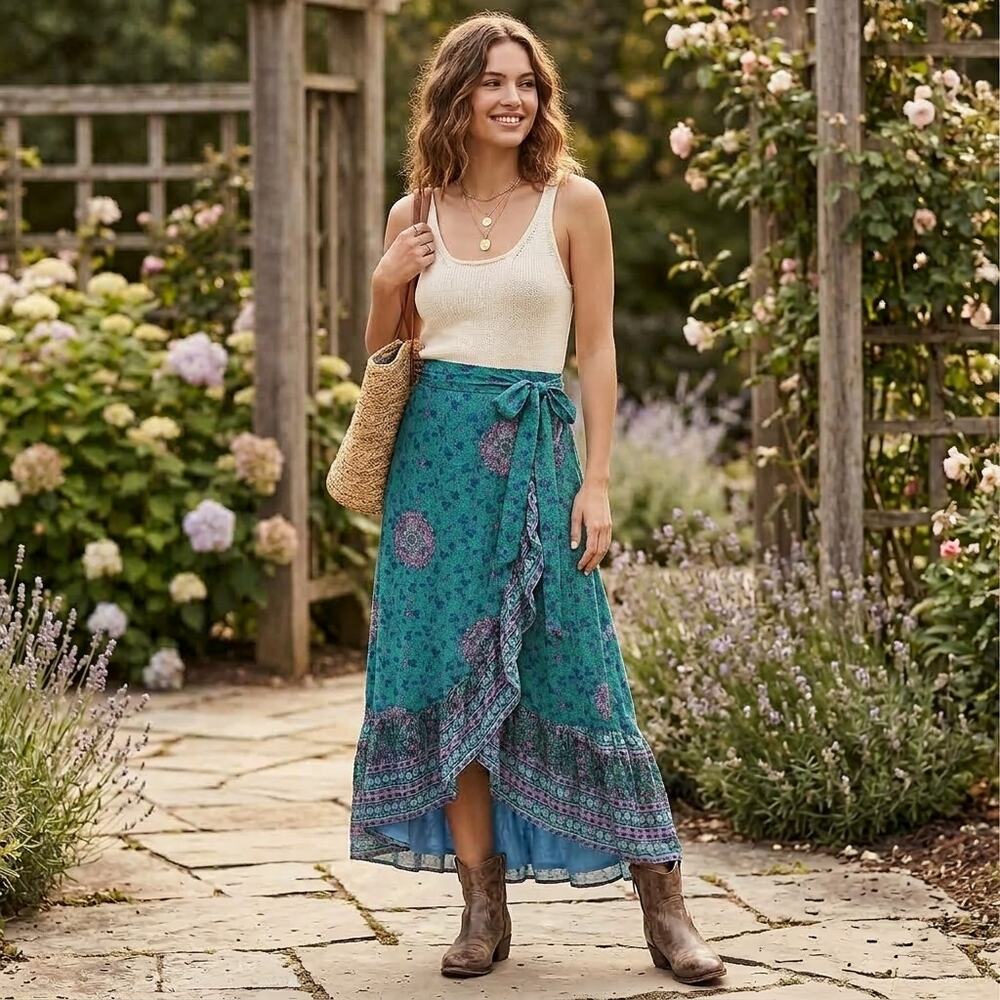 Anthropologie Akemi + Kin Wrap Skirt Size 14 Green Floral Boho Maxi Cottagecore